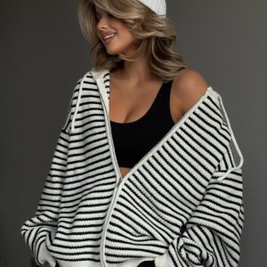 Retro Color Block Loose Zip Knit Cardigan